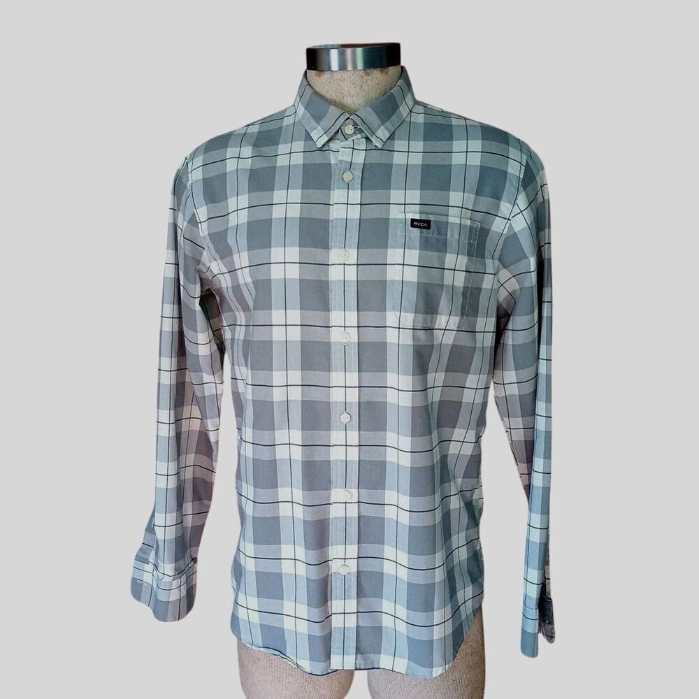 RVCA Shirt Mens Large Plaid Gray Regular Fit Long Sleeve Button Up